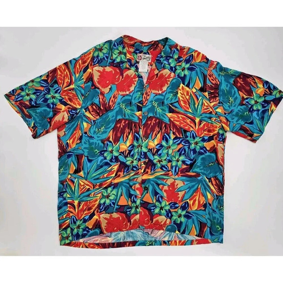 Vintage Hilo Hattie Rayon Poplin Floral Men's XL Short Sleeve Wood Button Shirt - Picture 1 of 5